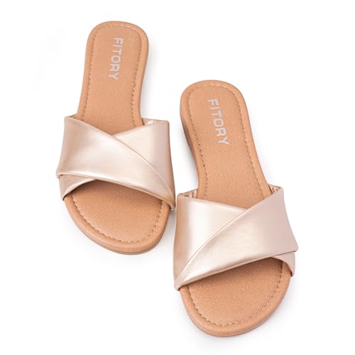 Image of FITORY Women's Flat Sandals Fashion Slides With Soft Leather Slippers for Summer Size 6-11