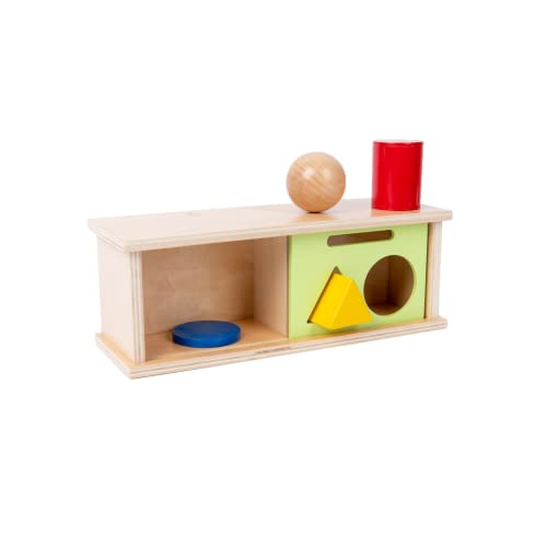 Montessori Toys for 1+ Year Olds Multi-Shapes Push and Pull Drop Box,Wooden Object Permanence Box for Toddlers 1-3,Ball Drop Toys for 1+ Year Old(4pcs,Ball, Coin, Triangular and Cylinder)