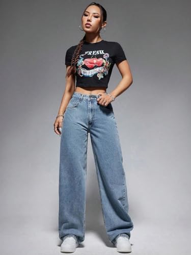 Image of KOTTY Women's Wide Leg Denim Jeans | Relaxed Fit High Rise Fashion Jeans for Casual Wear
