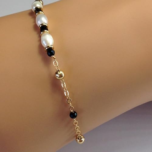 Gold Chain Pearl Bracelet For Women Dainty White Pearl & Black Spinel Beads Stackable Adjustable Length 6.5-8.5 inches Non Tarnish Jewelry Gifts for Women4