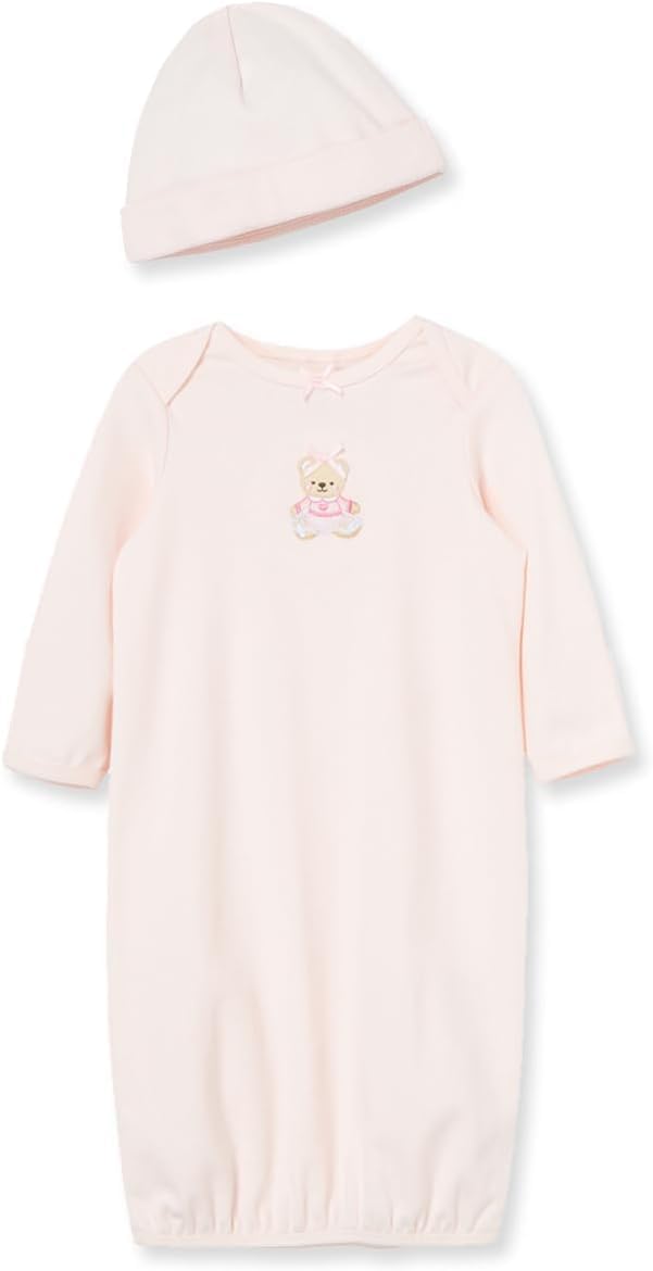 Little Me Clothes for Baby Girls' 2-Piece Nightgown and Cap Set 100% Cotton with Elastic Bottom, Baby Essentials, 0-3 Months