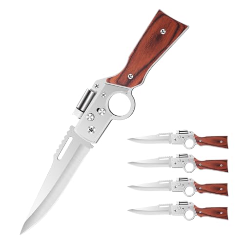 Uninuou AK47 Style Tactical Folding Knife 4-Pack Bulk Set with LED Light Wood Handle Laser Engraving Ready Groomsmen Gifts for Men Outdoor Camping Hiking Gear (4)