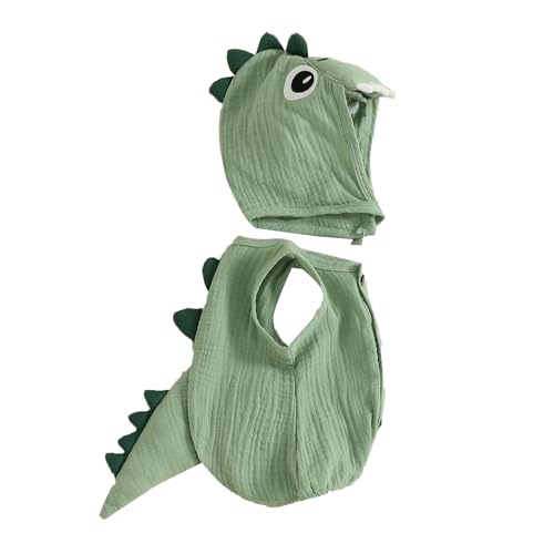 SAYOO Baby Boy Linen Cotton Bodysuit Sleeveless Button Down Basic Romper Shirt with Dinosaur Hat 2Pcs Newborn Layette Set (Green 6-9 Months)