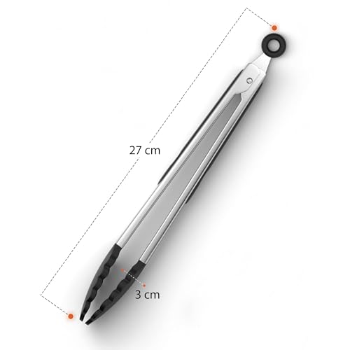 Kuber Industries Steel & Silicone Tongs for Kitchen for Frying, Grill & Barbeque | Locking Mechanism, Non Stick & Heat Resistant | Food Serving Utensils - Ice Cubes, Desserts, Salad | HW-6-Black