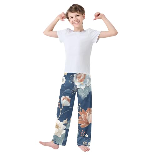 ZZXXB Peony Flowers Print Boys Long Pants Soft Trousers Elastic Waist Kids Lounge Bottoms with Pockets S-XL3