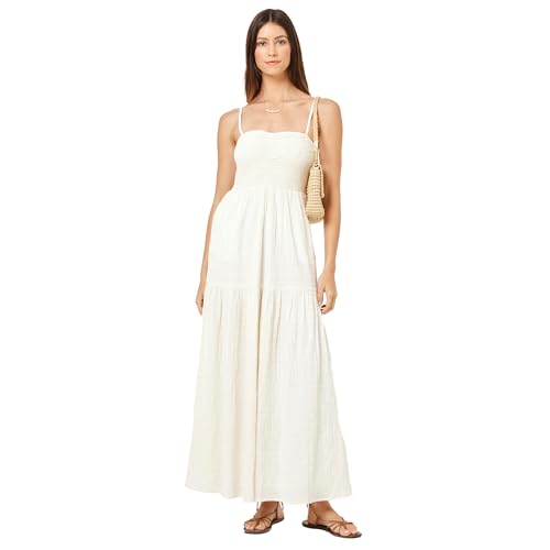L*Space Mallorca Dress for Women, Full Length Maxi with Adjustable Straps, Tiered Skirt, Chic Dress for Vacation, 100% Cotton, Cream, L