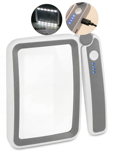 Soleado 3X Loupe de Lecture Rectangulaire avec Lumière LED Rechargeable - Loupe Grossissante en Verre Anti-Rayures pour Malvoyants et Seniors, Manche Pliable...