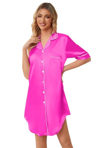 Image of Schbbbta Girls & Women Silk Nightgown, Short Sleeve Button Down Satin Nightshirt Pajama House Dress, 3 Years- Women 2XL