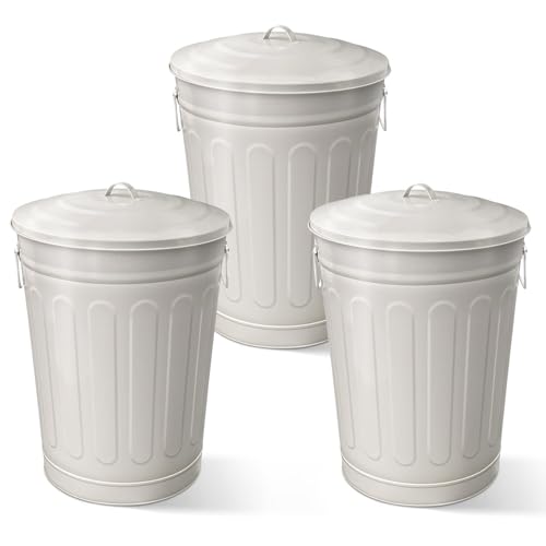 Image of Plexon 13 Gallon Metal Trash Can with Lid Outdoor Vintage Trash Can Steel Retro Garbage Can for Kitchen Farmhouse Rustic Bird Seed Storage Pet Food Cute Bucket, Off-White 3 Pack