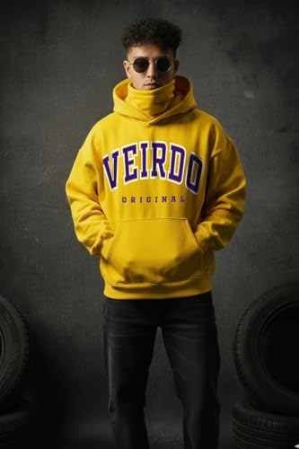 Image of Veirdo Fleece Oversized Baggy Fit Hooded Sweatshirt Drop Shoulder Typographic Logo Printed Full Sleeve Hoodie for Men (Avaiable in Colors: Copper Tan, Rust & Red)