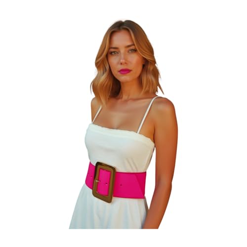 Women Fashion Faux Leather Wide Belt Gold Metal Square Buckle S M Neon Pink3