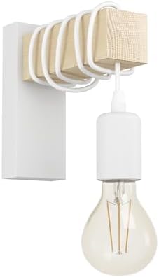 Eglo TOWNSHEND Vintage Wall Sconce with 1 Bulb in Industrial Design, Retro Steel and Wood Lamp, White, Brown, E27 Socket, FSC Certified
