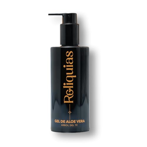 Reliquias Gel Aloe Vera & Árbol del Té |Hidratante y Calmante para Piel Sensible, After Sun Facial y Corporal, con Rosa Mosqueta y Aceites Esenciales | Envase Cristal Violeta Biofotónico, 200 ml