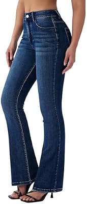 roswear Women's Trendy Stretchy Flare Jeans Mid Rise Bootcut Curvy Denim Pants Retro Blue Small