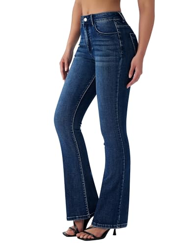 roswear Women's Trendy Stretchy Flare Jeans Mid Rise Bootcut Curvy Denim Pants Retro Blue Medium
