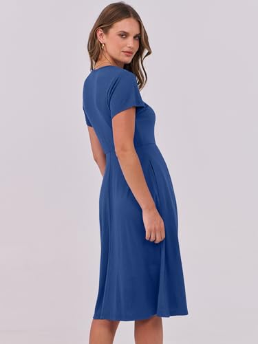Image of ANRABESS Women Summer Dress Casual Short Sleeve V Neck A-Line Knee Length Pleated Flowy 2026 Fashion Midi Dresses with Pocket