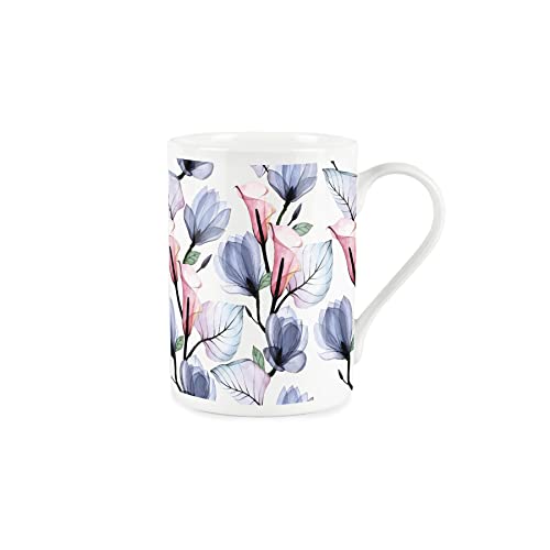 Purely Home Calla Lily Watercolour Glass Flowers - Bone China Style White Mug Coffee/Tea Present Gift, Pink,purple,white