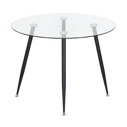 MOG CASA Mesa de Comedor Fija Redonda Corin | 100 x 100 x 75 cm | Ideal para Cocina o Salón | Ideal para 3 a 4 Personas | Tablero de Cristal Transparente | Patas de Metal en Negro