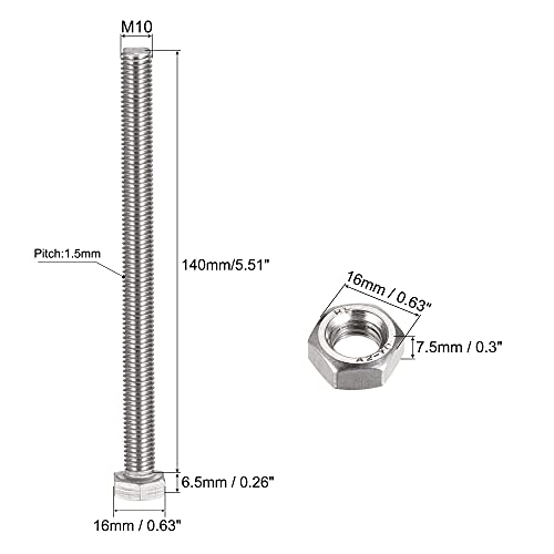 Image of uxcell M10 x 140mm Hex Head Screws Bolts, Nuts, Flat & Lock Washers Kits, 304 Stainless Steel Fully Thread Hexagon Bolts 6 Sets