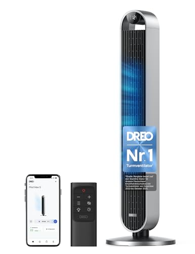 Dreo Smart Turmventilator Sehr Leise, 120° Oszillierender Ventilator mit Kühlung, 25dB Standventilator mit Fernbedienung für Schlafzimmer, 12 Geschwindigkeiten, 4 Modi, 12-Stund-Timer, Pilot Max S
