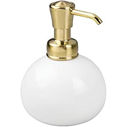 Dispenser Jabon Liquido Ceramica mDesign dosificador de jabon rellenable - Dispensador de gel recargable con capacidad de 295 ml - Cabezal en plástico con acabado en latón - Dispensador de jabon liquido de cerámica - Color: blanco