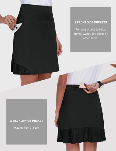 MoFiz Tennisrock Damen Activewear Rock Knielanger mit Innenhose Athletic High Waist Tennis Skort Golf Rock mit Tunnelzug Schwarz L