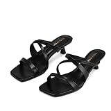 Picture of ISNOM Black Kitten Heels for Women Strappy Stiletto Low Heels with Square Open Toe Womens Slip On Short Mules Heeled Sandals for Wedding Party Dating Trendy Dressy Shoes