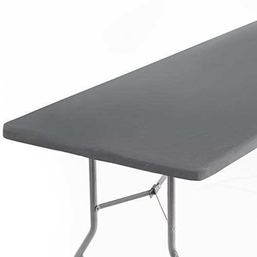 Signature Home 8ft Fitted Tablecloth Rectangle Grey Table Cover – Table Cloth - Fitted Table Covers for 8 Foot Tables. Washable Picnic Table Cover Indoor Outdoor Elastic Tablecloth 30 x 96 inch