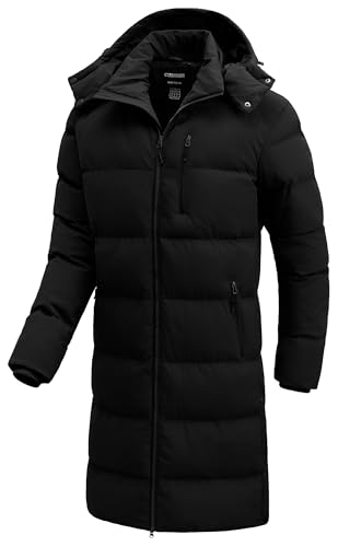 CTFASHION Mens Puffer Jacket with Hood Long Parka Waterproof Winter Coat Insulated Bubble Jackets Heavyweight Hooded Snow Coats Thicken Puffy Warm Down Windbreaker Black L