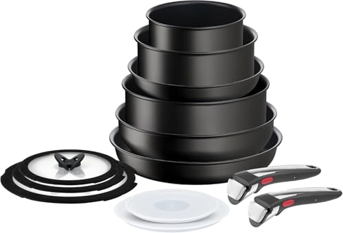 Tefal Ingenio Unlimited On - Juego de 2 Sartenes 22/28 cm + 2 Cazos 16/20 cm + Guisera 24cm + Wok 26 cm + 2 Mangos extraíbles + 5 Accesorios, Apto inducción, antiadherentes, sin PFOA