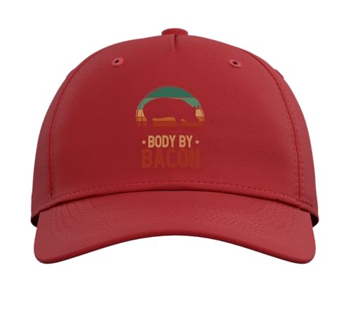 Body by Bacon Vintage Pig Low Carb High Fat Ketogenic Diet Adjustable Printed Baseball Hat, Red