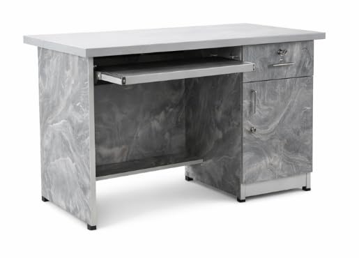 Image of Furniture Shoppe Executive Study Desk with Grey Textured Finish Lock and Key Drawer and Side Cabinet StorageSET