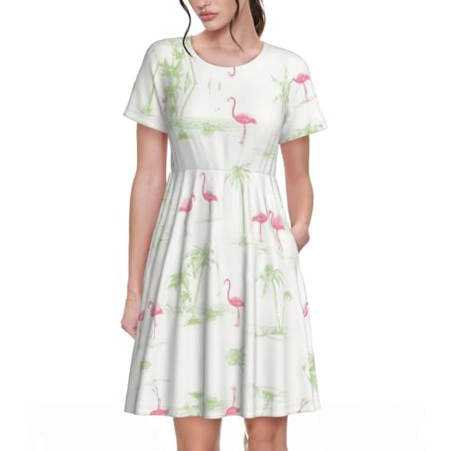 Robe d'été col rond motif flamants roses et poches latérales pratiques