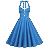 IMEKIS Vestido de mujer vintage de cóctel sin mangas con cuello halter, estilo 1950, lunares, rockabilly, swing, línea A, falda plisada, por la rodilla, para boda, fiesta, vestido de noche, de baile