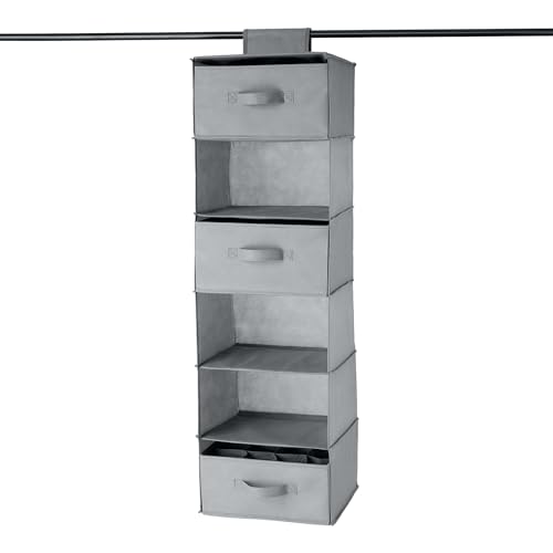 Amazon Basics 6-Tier Hanging Shelf Closet Storage Organizer with Removable Drawers, Grey, 6.9"D x 13.6"W x 12.2"H