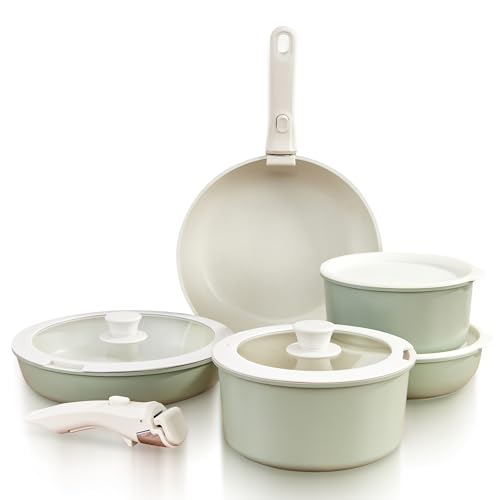 GOURMETIFIC Pots and Pans Cookware Set [11 PIECES] - Non Toxic Ceramic Coated Cooking Ware - Induction Gas & Oven Kitchenware - Non Stick Pot & Pan with Removable Handles & Stackable (Mint Green)