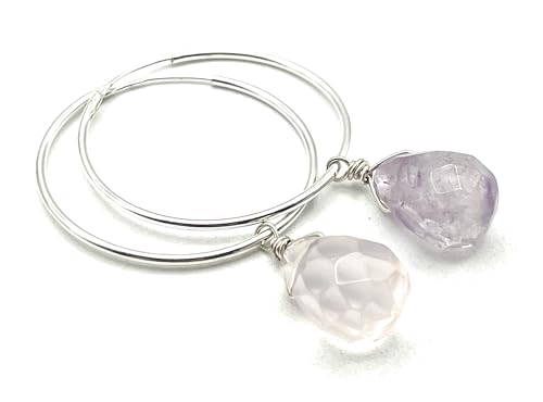 Boucles d'oreilles pierres de gemmes améthyste quartz rose argent - 7