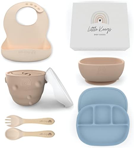 Little Keegs Baby Feeding Set - Baby Must Haves Gift Set - Baby Led Weaning Supplies - Toddler Silicone Feeding Set - Suction Baby Bowl, Bib, Snack Cup, Utensils, Baby Plate Set of 8 (Blue)