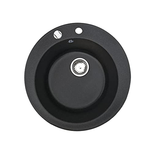 Manestein Spülbecken, Küchenspüle aus Granit, Einbauspüle, Einzelbecken mit Siphon, Fleckenbeständig und Pflegeleicht, 80% Quarzsand, 1 Becken, Rund, Ø 49, Graphit - Schwarz Gesprenkelt