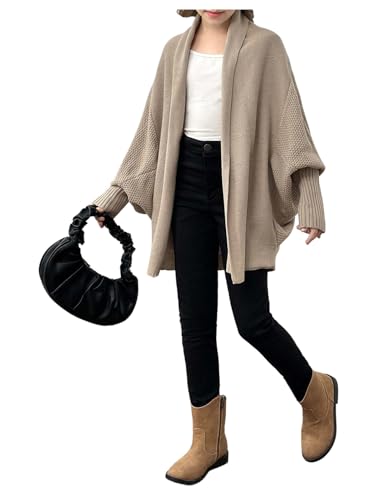 SHENHE Girl's Oversized Open Front Cardigan Dolman Sleeve Shawl Slouchy Cape Cardigan Sweater