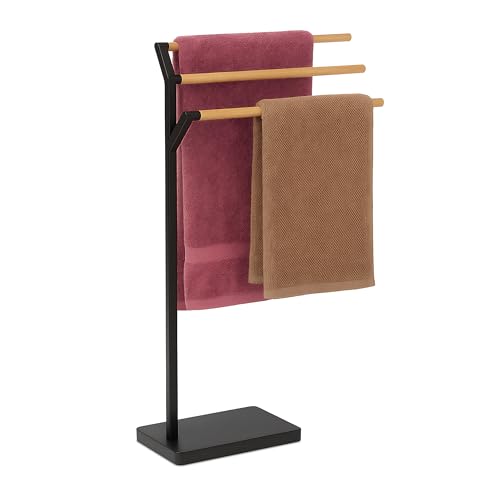 Relaxdays Toallero, HBT: 75 x 38,5 x 18 cm, Metal, bambú, 3 Barras, toallero de pie, baño, Negro/Natural