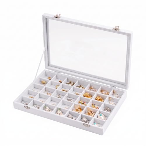 Frebeauty 35 Grid Earring Organizer,Velvet Jewelry Tray with Clear Lid by Frebeauty - Used condition - US$12.00
