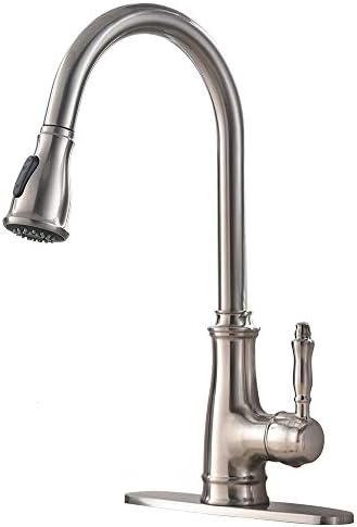 VAPSINT Commercial High Arc Single Handle Brushed Nickel Pull out Kitchen Faucet, Single Level Stainless Steel Kitchen Sink Faucets with Pull Down Sprayer With Deck Plate
