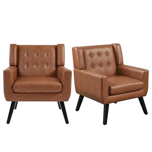 Yaheetech Tub Chair, Modern Button Tufted Armchair, PU Leather Sofa Chairs for Living Room Bedroom Reading Nook, Retro Brown, Set of 2