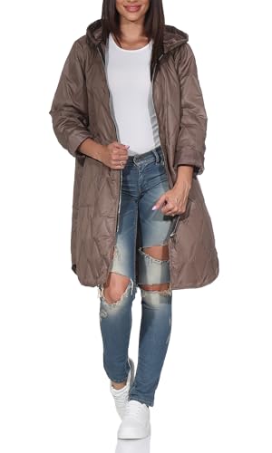 simaranda Damen lange leichte Steppjacke mit Kapuze - stylischer Trenchcoat Ideal für Übergangszeit & kühle Sommerabende 5343 Braun 38-42