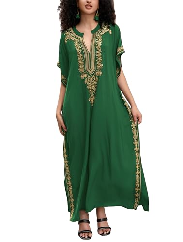 Image of KECVOT Kaftan Dresses for Women Embroidered Short Sleeve V-Neck Plus Size Caftan Bikini Swimsuit Cover-Up Long Beach Dress