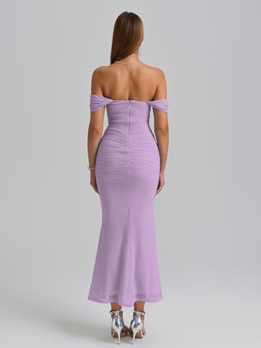 Image of KUTUMAI Off The Shoulder Maxi Long Dress Corset Ruched Bodycon Cocktail Formal Wedding Guest Dresses for Women
