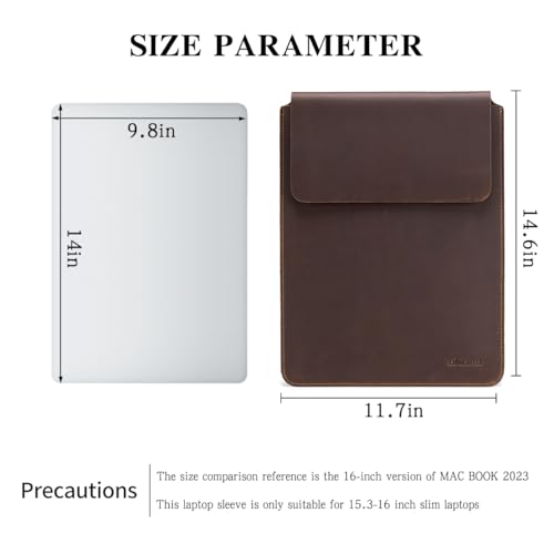 Image of 15 /16 Inch Laptop Sleeve Genuine Leather Slim Soft Solid Lightweight Tablet Cover with Flap Closure, Brown
