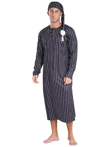Loodgao Homme Musulman Peignoir Islamique Dubai Robe Tobo Manches Longues Robe De Chambre À Rayures Avec Chapeau Ensemble Noir L