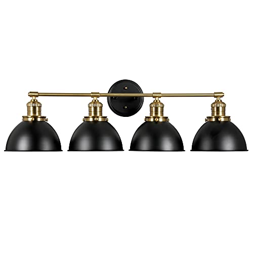 Image of Design House Savannah Rustic Farmhouse 4-Light Bathroom Vanity Light, Dimmable, Satin Gold, Matte Black Metal Shade, 34.25 in x 9 in x 10.88 in, 589051-BGD